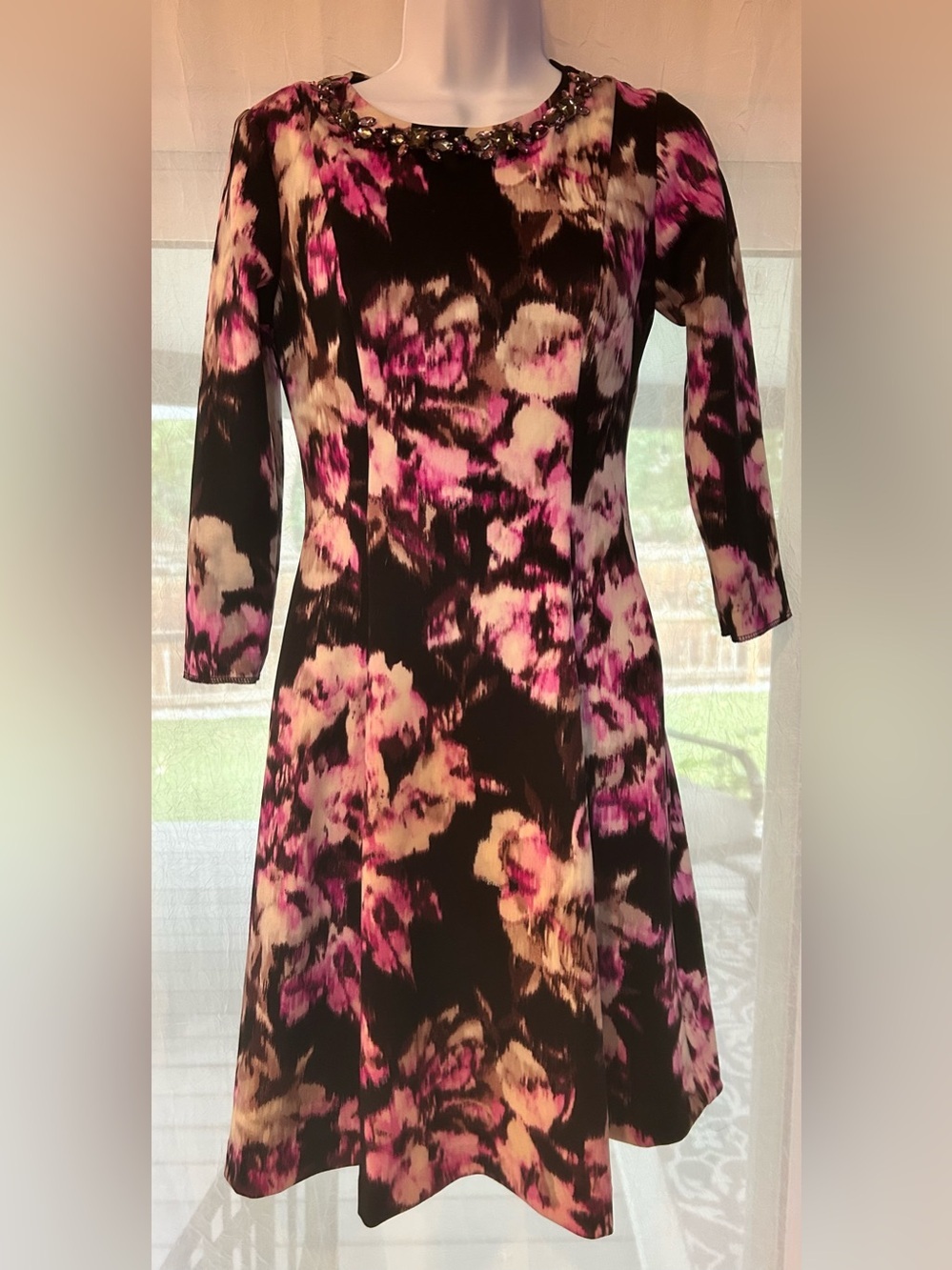 Eliza J Floral Fit & Flare Dress Pink Black Long Sleeve Jeweled Neck Size 4